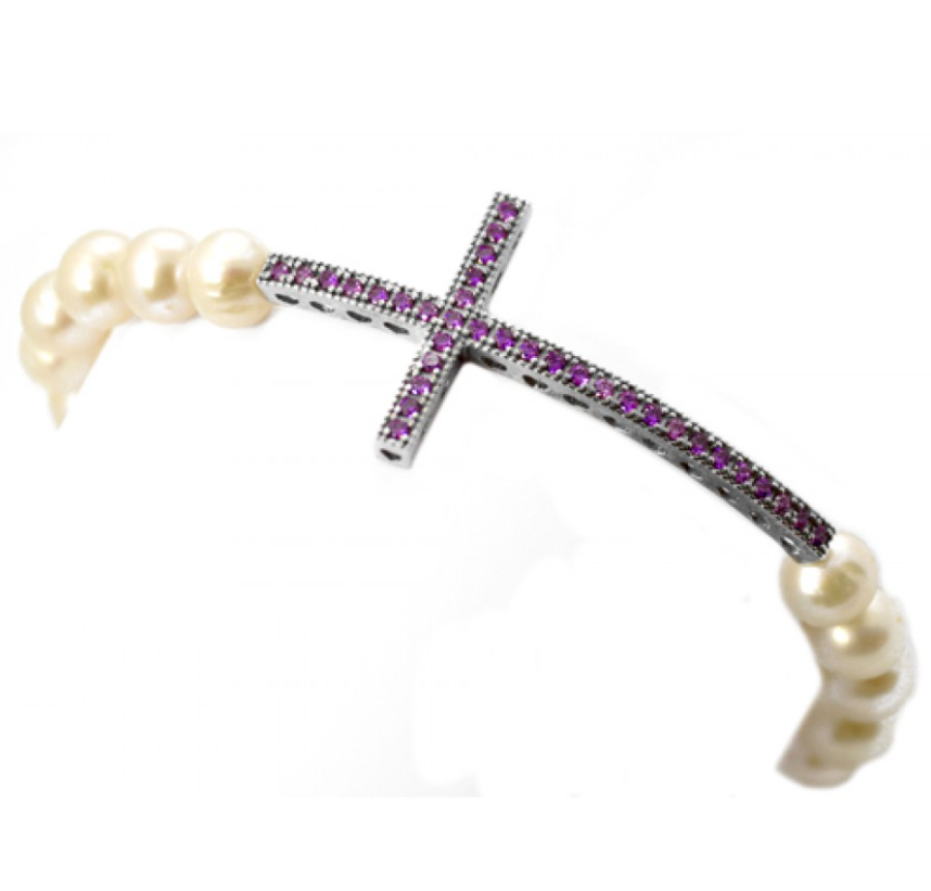 Pulsera de PERLA con cruz color AMATISTA - Imagen 2