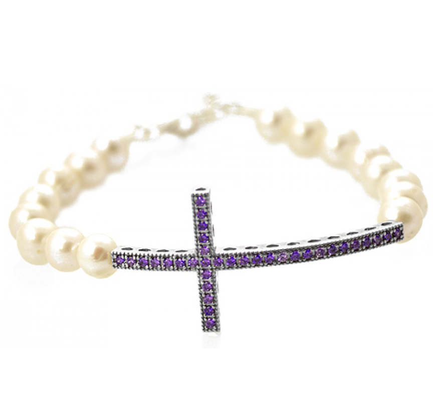 Pulsera de PERLA con cruz color AMATISTA