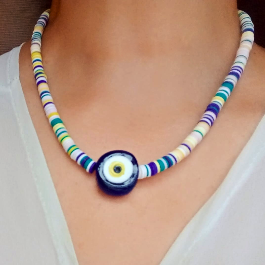 COLLAR OJO TURCO AZUL CON PUCAS COLOR MORADO, AMARILLO Y VERDE - Imagen 3