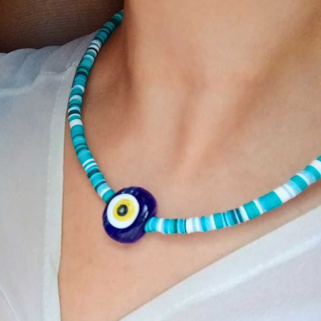 COLLAR OJO TURCO AZUL CON PUCAS COLOR VERDE Y TURQUESA - Imagen 3
