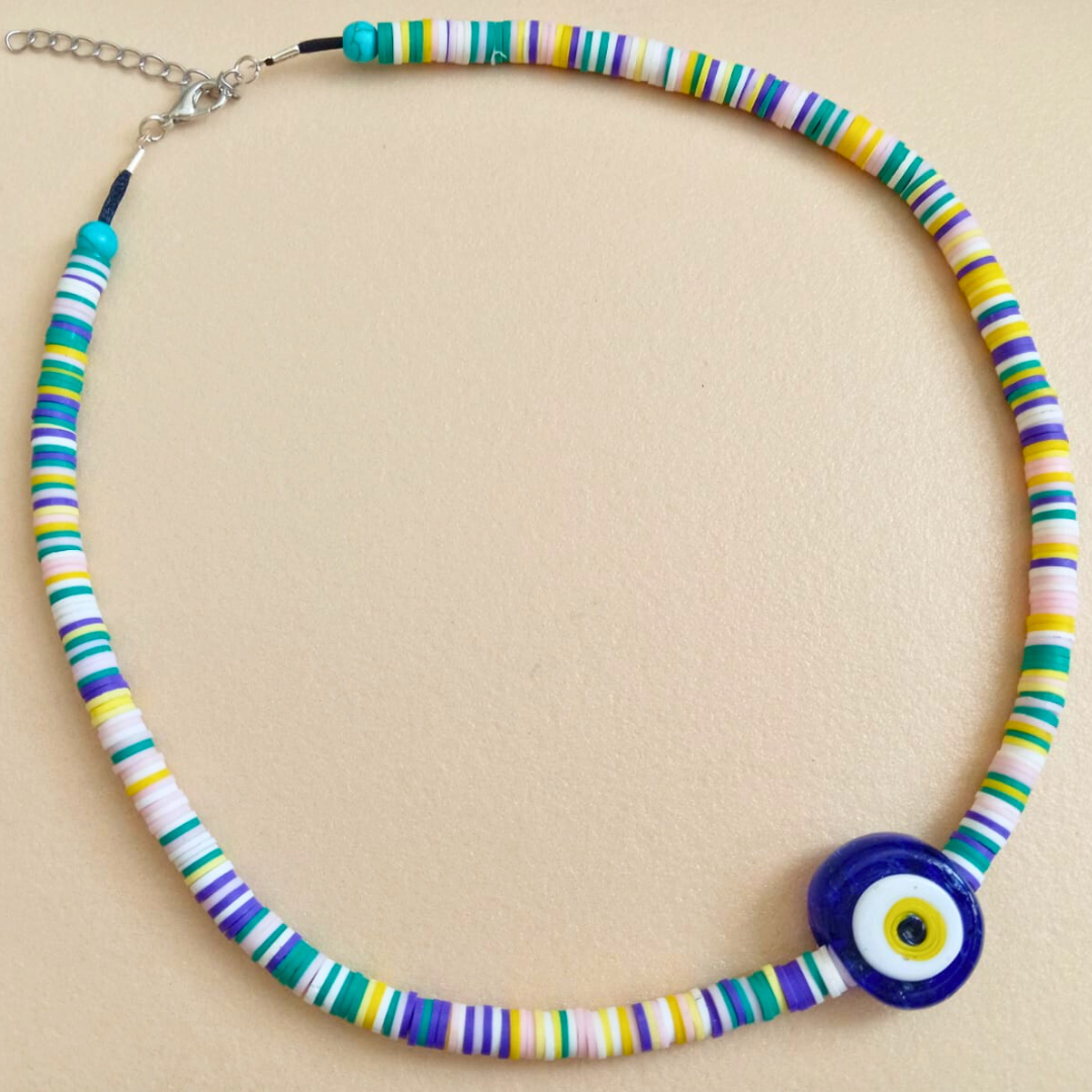 COLLAR OJO TURCO AZUL CON PUCAS COLOR MORADO, AMARILLO Y VERDE - Imagen 2