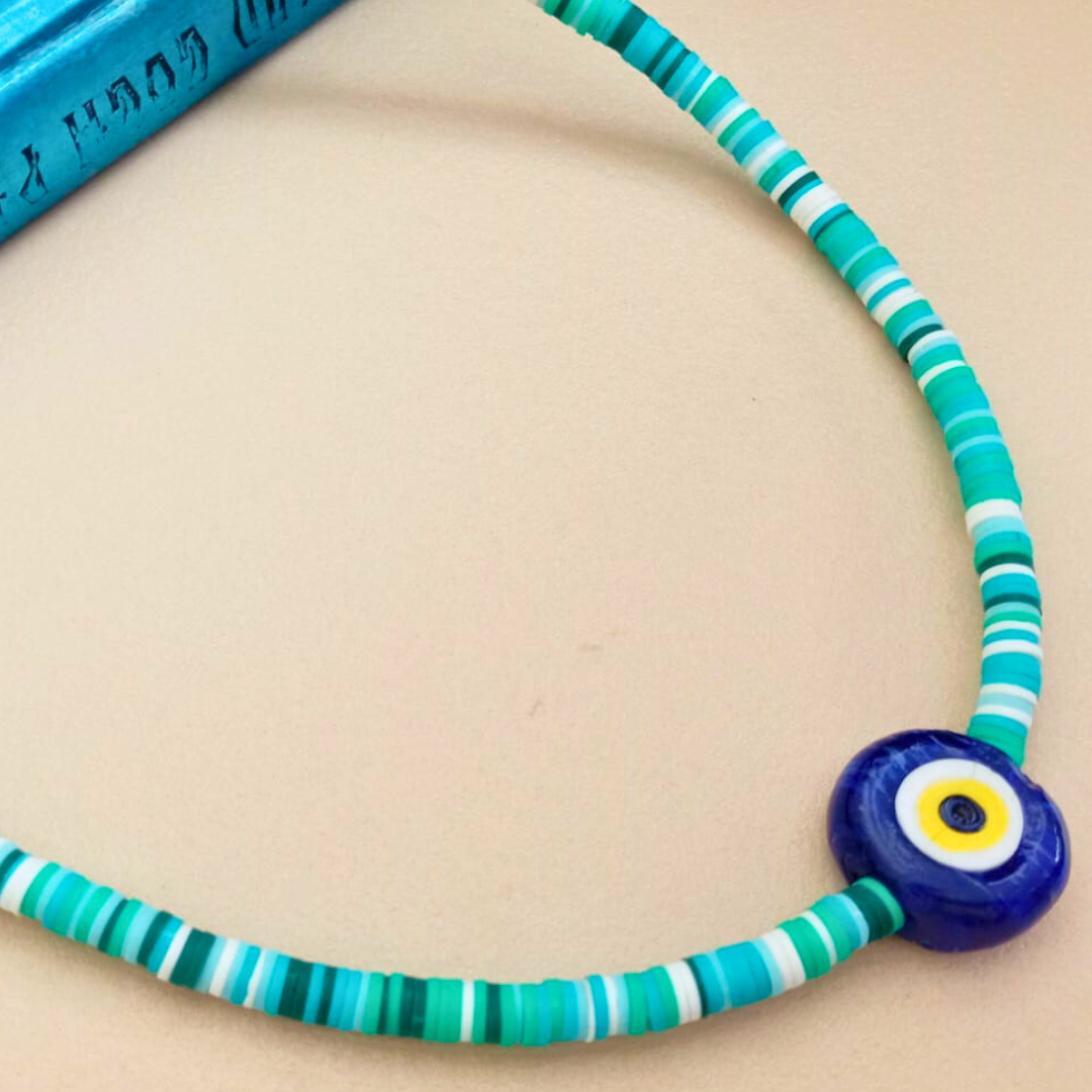 Collar de ojo turco azul con pucas color turquesa y verde