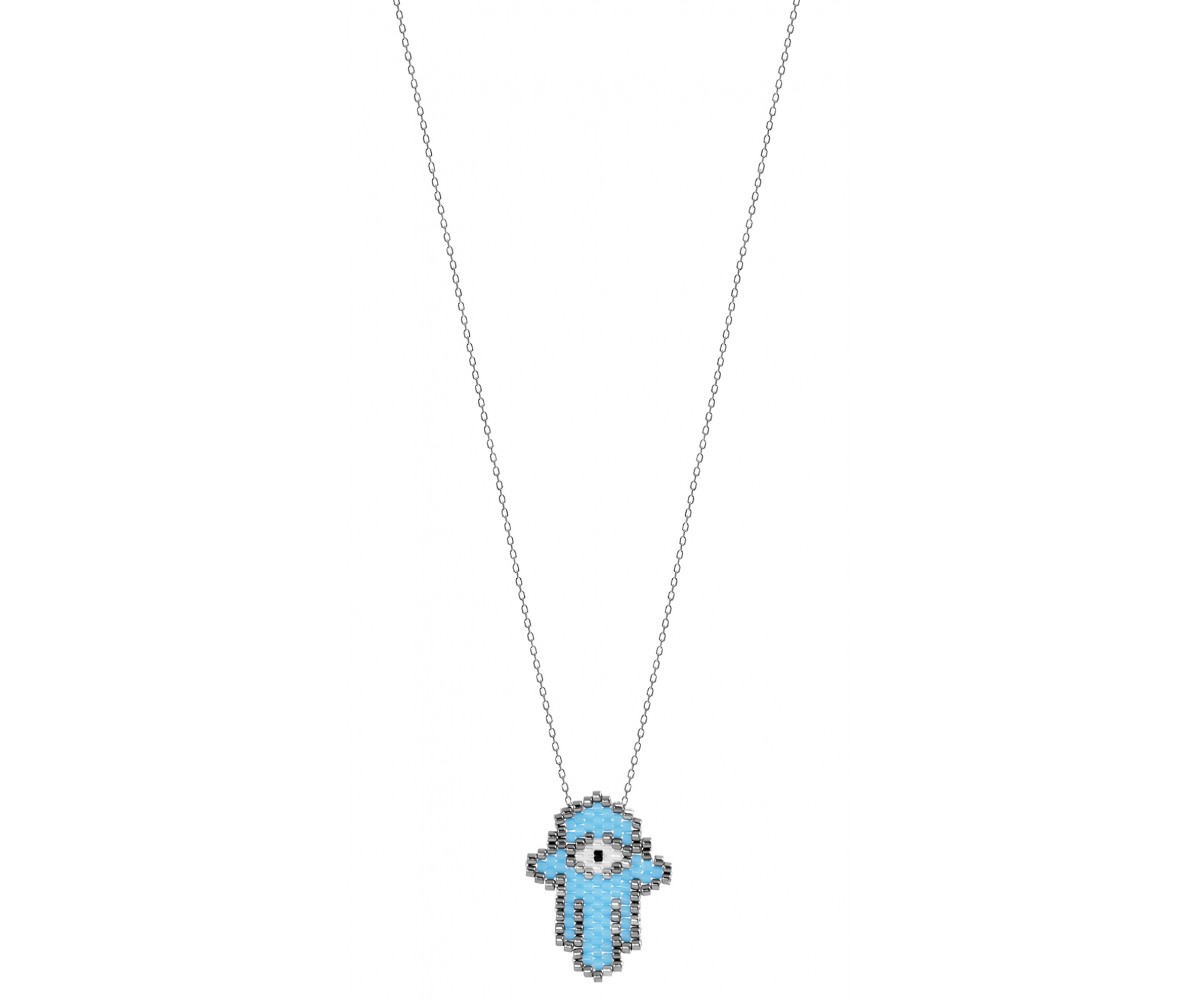 Collar de Plata 925 con mano Hamsa y ojo turco en cuentas Miyuki