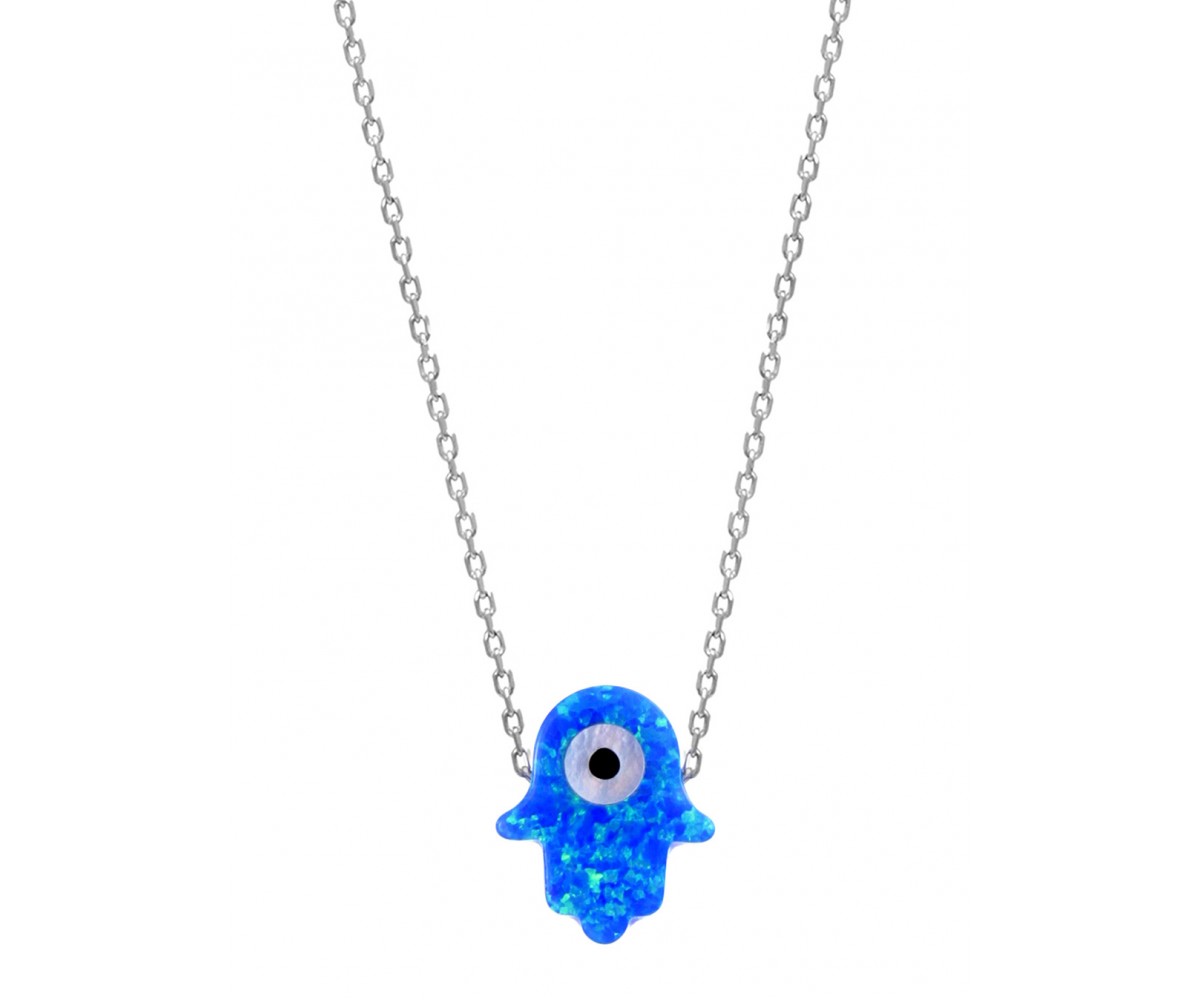 Mano hamsa y ojo turco con opalo azul y madreperla