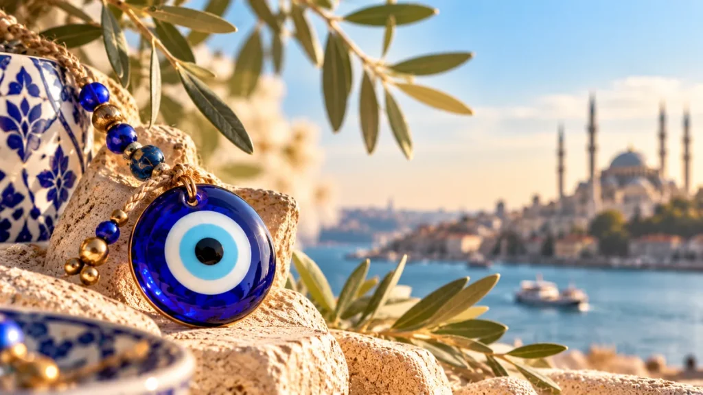Ojo turco azul, amuleto tradicional de protección, con paisaje de Estambul al fondo.